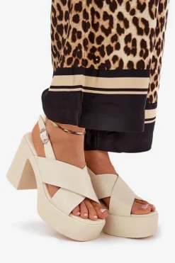 Sandały Damskie Na Słupku I Platformie Z Eko Skóry Jasnobeżowe Annavin