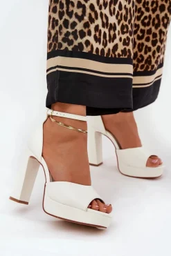 Sandały Damskie Na Słupku I Platformie Eko Skórzane Białe Lomman