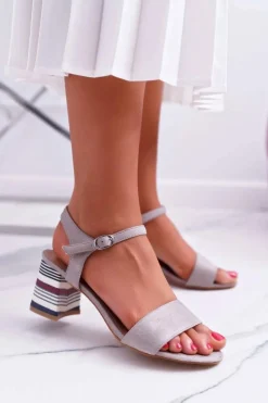Sandały Damskie Na Słupku Kolorowy Obcas Szare Niente