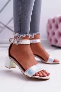 Sandały Damskie Na Słupku Lu Boo Opalizujące Cekiny Różowe Tindal