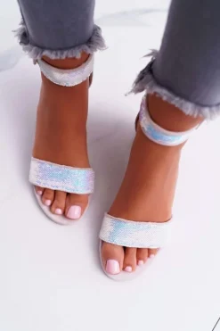 Sandały Damskie Na Słupku Lu Boo Opalizujące Cekiny Różowe Tindal