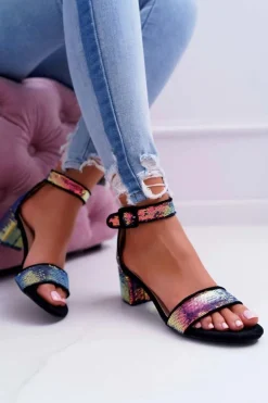 Sandały Damskie Na Słupku Lu Boo Opalizujące Cekiny Czarne Tindal