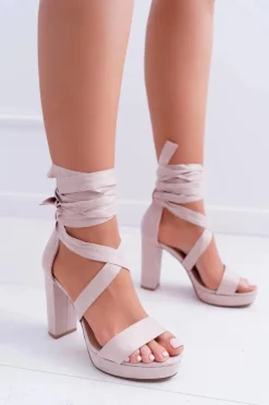 Sandały Damskie Na Słupku Platforma Wiązane Beżowe LaFiesta