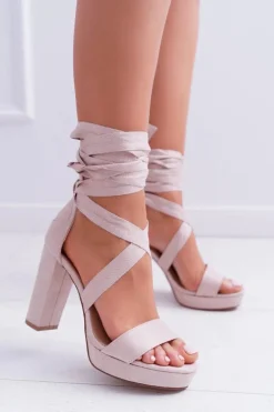 Sandały Damskie Na Słupku Platforma Wiązane Beżowe LaFiesta