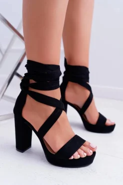 Sandały Damskie Na Słupku Platforma Wiązane Czarne LaFiesta