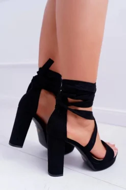 Sandały Damskie Na Słupku Platforma Wiązane Czarne LaFiesta