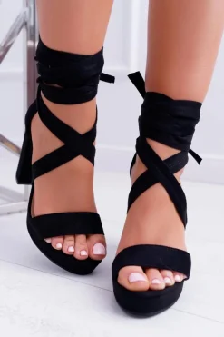 Sandały Damskie Na Słupku Platforma Wiązane Czarne LaFiesta