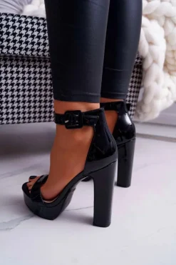 Sandały Damskie Na Słupku Platforma Czarne Huran