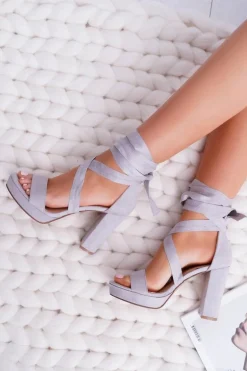 Sandały Damskie Na Słupku Platforma Wiązane Szare LaFiesta