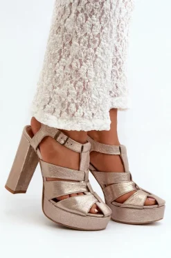 Sandały Damskie Na Słupku Skórzane Maciejka 06050-25 Złote