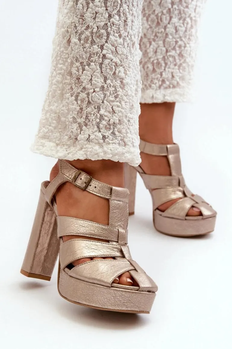 Sandały Damskie Na Słupku Skórzane Maciejka 06050-25 Złote