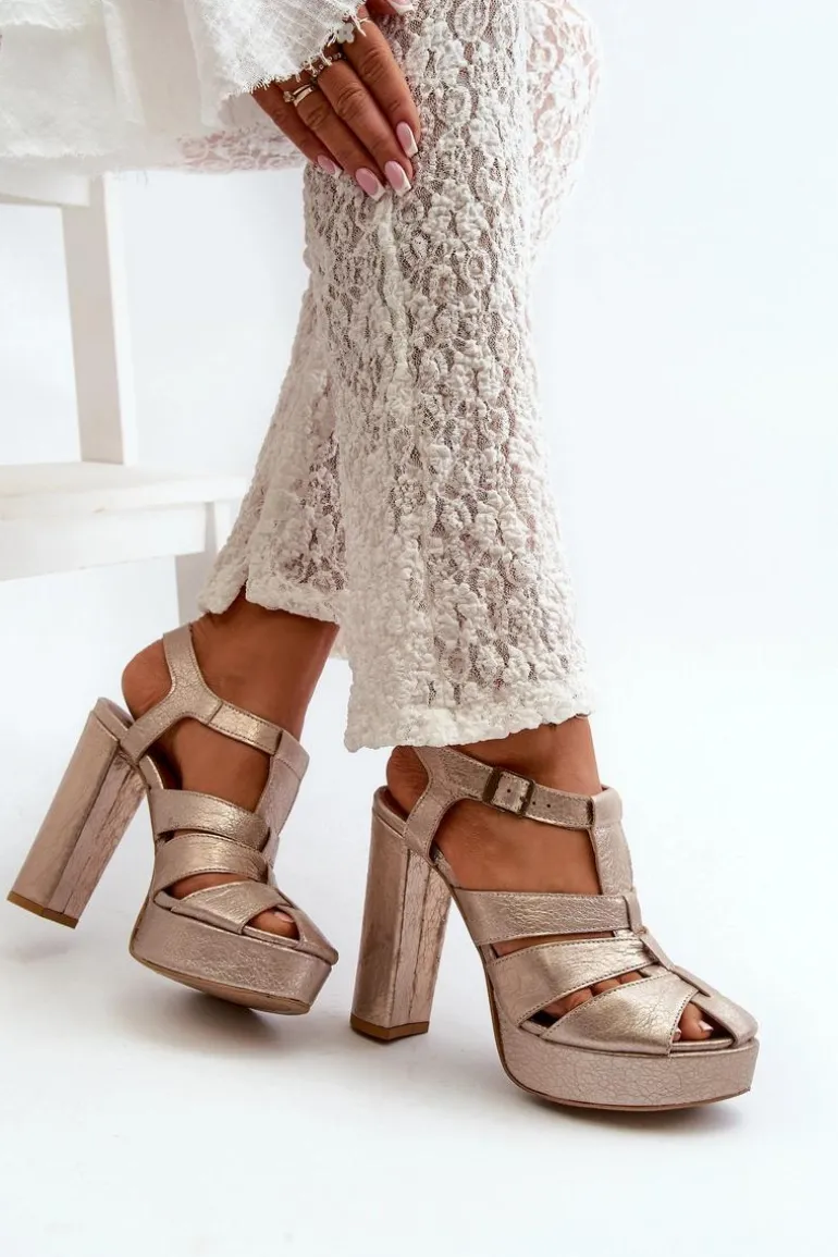 Sandały Damskie Na Słupku Skórzane Maciejka 06050-25 Złote