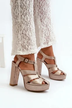 Sandały Damskie Na Słupku Skórzane Maciejka 06050-25 Złote