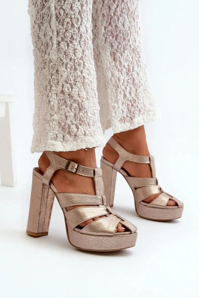 Sandały Damskie Na Słupku Skórzane Maciejka 06050-25 Złote