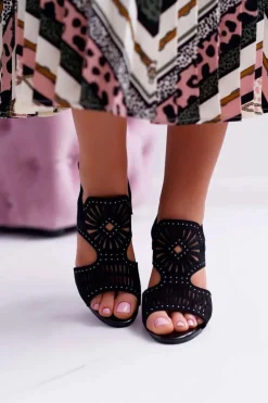 Sandały Damskie Na Słupku Sergio Leone SK852 Zamszowe Czarne Diven