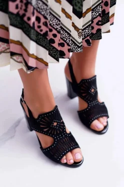 Sandały Damskie Na Słupku Sergio Leone SK852 Zamszowe Czarne Diven