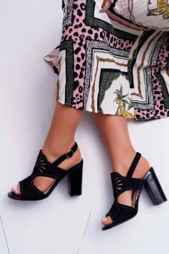 Sandały Damskie Na Słupku Sergio Leone SK852 Zamszowe Czarne Diven