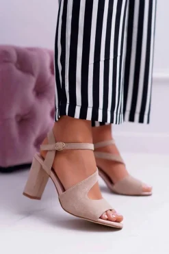 Sandały Damskie Na Słupku Sergio Leone SK868 Zamszowe Beżowe Mersi