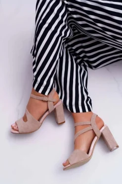 Sandały Damskie Na Słupku Sergio Leone SK868 Zamszowe Beżowe Mersi