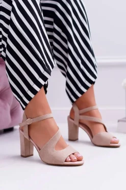 Sandały Damskie Na Słupku Sergio Leone SK868 Zamszowe Beżowe Mersi