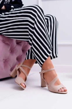 Sandały Damskie Na Słupku Sergio Leone SK868 Zamszowe Beżowe Mersi