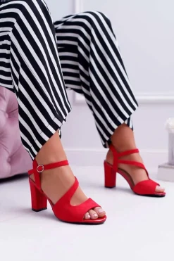 Sandały Damskie Na Słupku Sergio Leone SK868 Zamszowe Czerwone Mersi