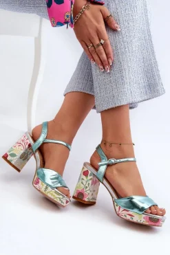 Sandały Damskie Na Słupku W Kwiaty D&A CR980 Błękitne