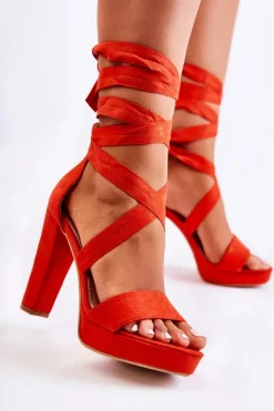 Sandały Damskie Na Słupku Wiązane Czerwone Milla