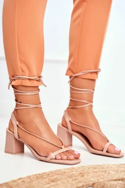 Sandały Damskie Na Słupku Wiązane Beżowe Morning