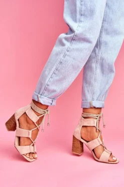 Sandały Damskie Na Słupku Wiązane Zamszowe Beżowe Amore