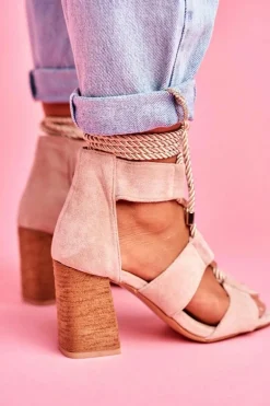 Sandały Damskie Na Słupku Wiązane Zamszowe Beżowe Amore