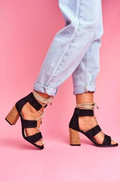 Sandały Damskie Na Słupku Wiązane Zamszowe Czarne Amore