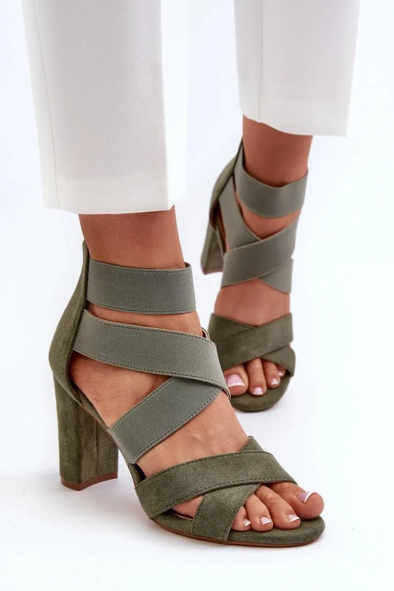 Sandały Damskie Na Słupku Z Paskami Zielone Obissa