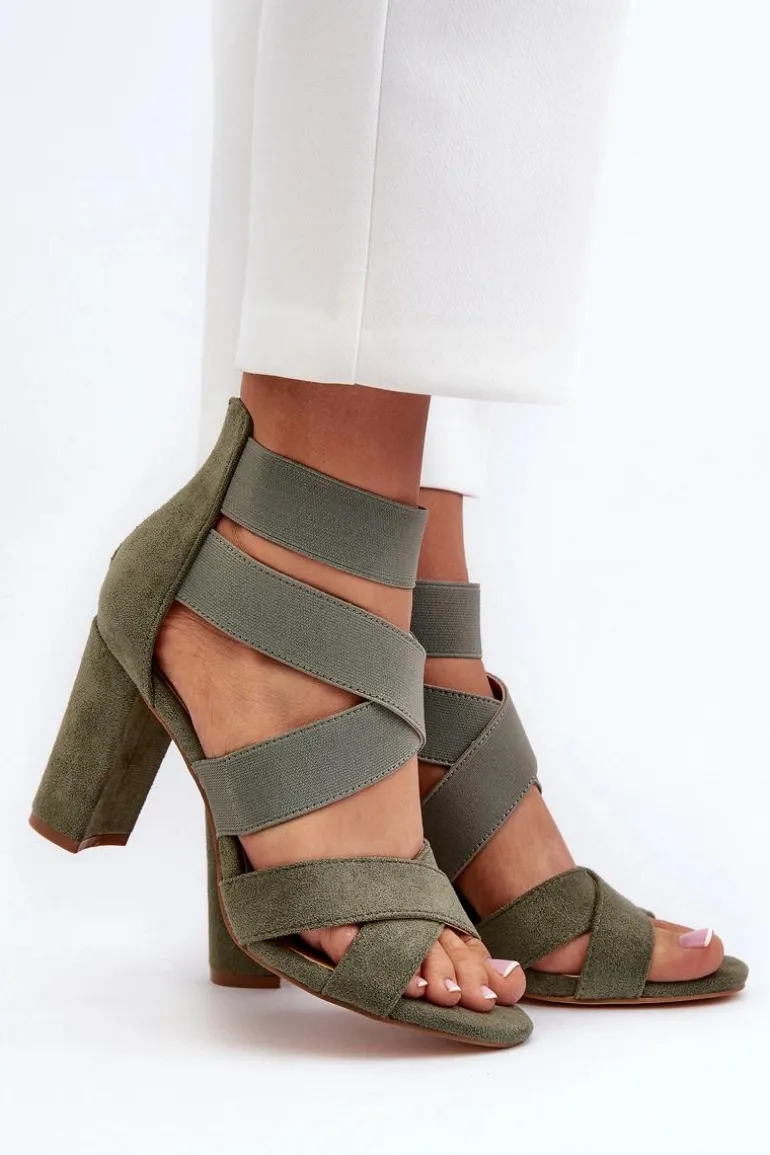 Sandały Damskie Na Słupku Z Paskami Zielone Obissa
