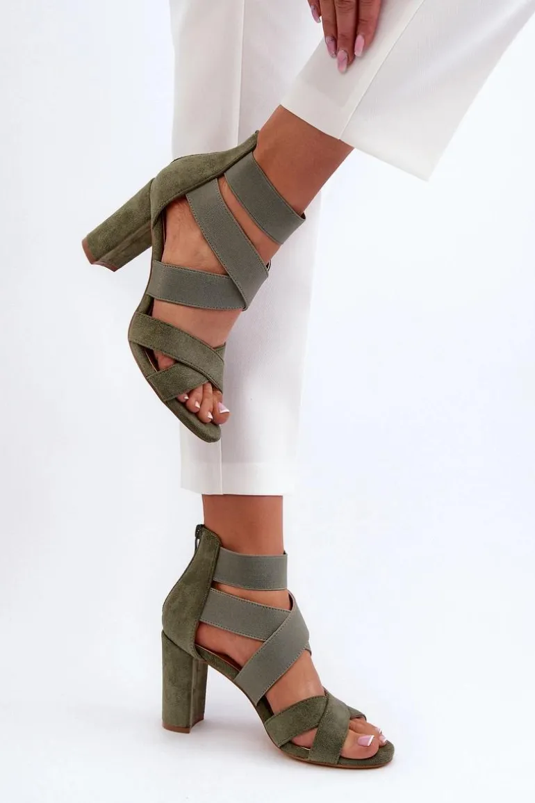 Sandały Damskie Na Słupku Z Paskami Zielone Obissa