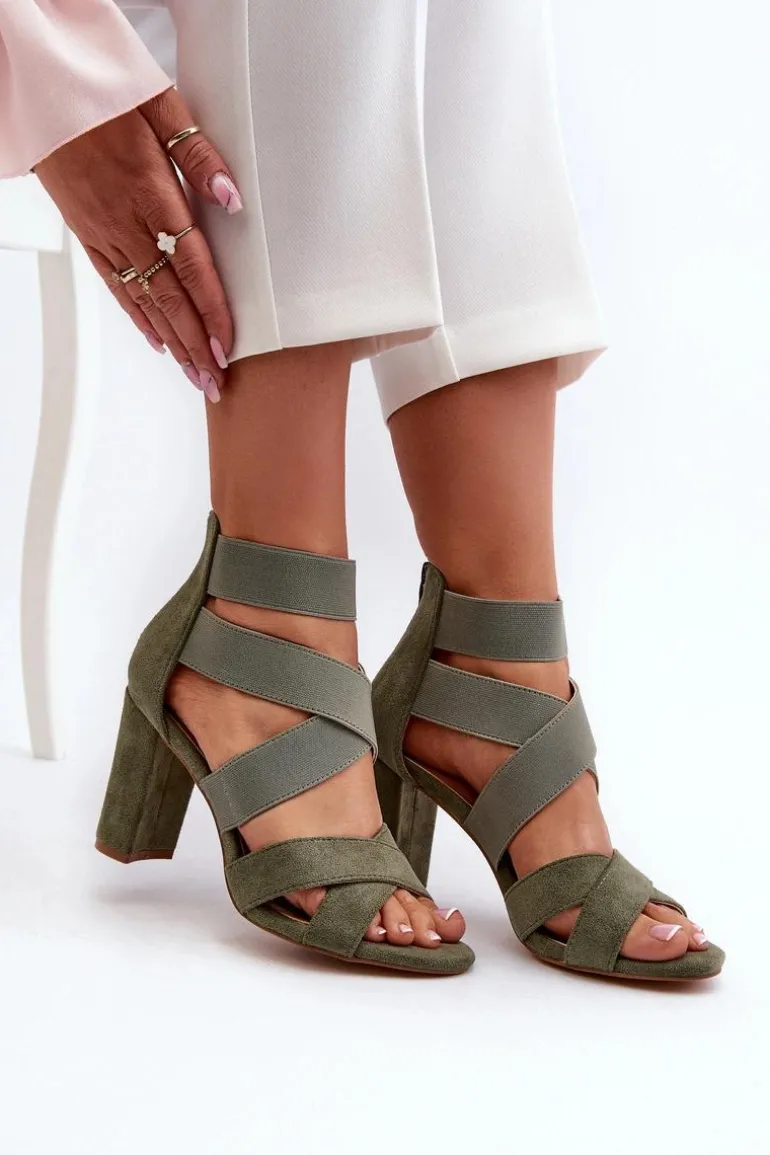 Sandały Damskie Na Słupku Z Paskami Zielone Obissa
