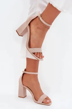 Sandały Damskie Na Słupku Z Eko Zamszu Beżowe Elirae