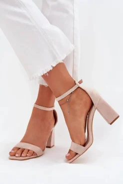 Sandały Damskie Na Słupku Z Eko Zamszu Beżowe Elirae