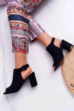 Sandały Damskie Na Słupku Z Cholewką Peep Toe Czarne Esta