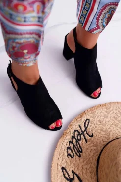 Sandały Damskie Na Słupku Z Cholewką Peep Toe Czarne Esta