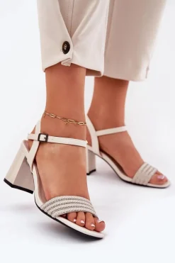 Sandały Damskie Na Słupku Z Cyrkoniami I Plecionką Vinceza 62228 Beżowe
