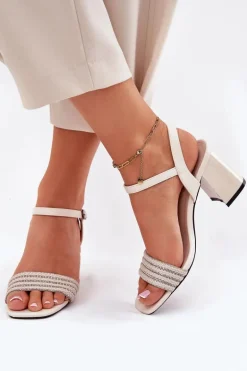 Sandały Damskie Na Słupku Z Cyrkoniami I Plecionką Vinceza 62228 Beżowe