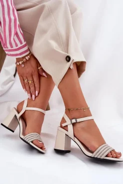 Sandały Damskie Na Słupku Z Cyrkoniami I Plecionką Vinceza 62228 Beżowe