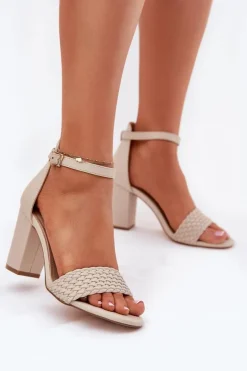 Sandały Damskie Na Słupku Z Plecionym Paskiem Beżowe Asdine