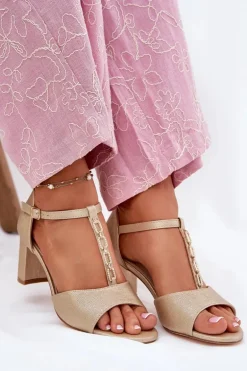 Sandały Damskie Na Słupku Z Ozdobnym Paskiem Eko Skóra Złote Triavera