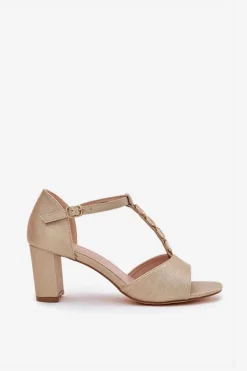 Sandały Damskie Na Słupku Z Ozdobnym Paskiem Eko Skóra Złote Triavera