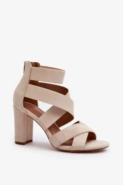 Sandały Damskie Na Słupku Z Paskami Beżowe Obissa