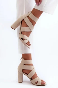 Sandały Damskie Na Słupku Z Paskami Beżowe Obissa