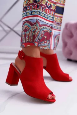 Sandały Damskie Na Słupku Z Cholewką Peep Toe Czerwone Esta