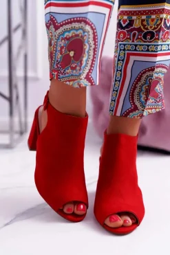 Sandały Damskie Na Słupku Z Cholewką Peep Toe Czerwone Esta